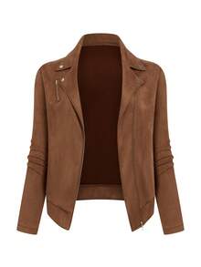 Velvienne Plus Size Women Suede Lapel Zip-Up Casual Motorcycle Jacket - Brown - View 6