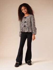 SUMWON Tween Girls Leopard Print Peplum Long Sleeve Blouse With Cinched Waist And Flounce Hem - Brown - View 7