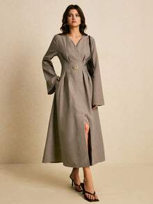 Poéselle Elegantes Damenkleid Einfarbig mit V-Ausschnitt, plissierten ausgestellten Ärmeln und geschlitztem Saum, Laternenärmelkleid, Langarmkleid - Khaki - Übersicht 5