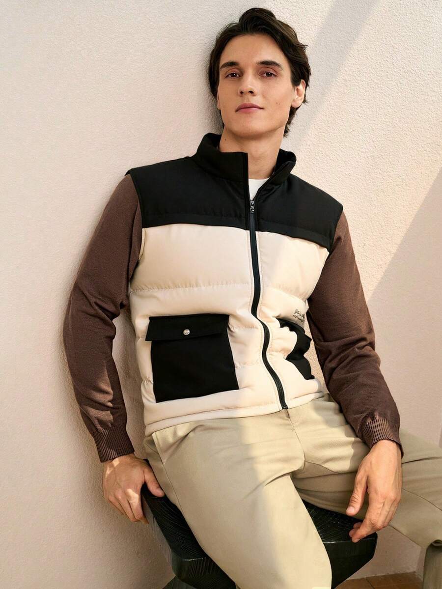 Manfinity Homme 男士秋冬撞色拉链领口袋休闲马甲 - 黑與白 - 查看 1