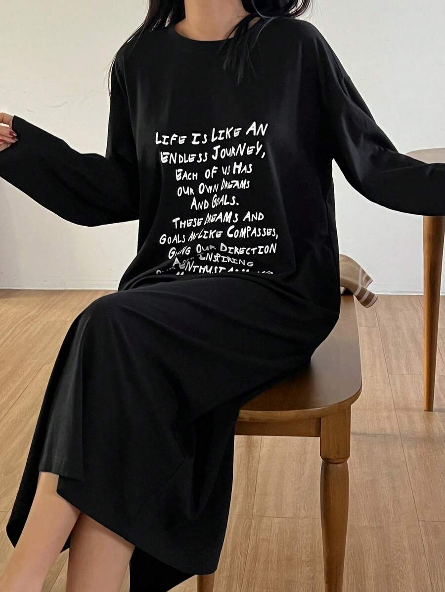 DAZY Women's Loose Letter Print Long T-Shirt Style Nightgown, Autumn/Winter, Moo Moo Night Dress