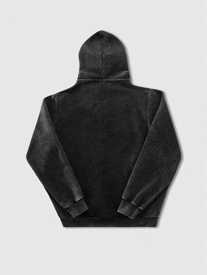 Street Life Sudadera con capucha negra con estampado de copos de nieve lavada para hombre, otoño/invierno