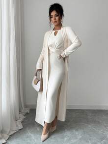 Elenzga Round Neck Hollow Out Brushed Knit Ribbed Autumn/Winter Warm Bodycon Waist Design Dress Long Sleeve, Can Be Worn Inside Or Outside, Shawl Collar Open Front Loose Long Cardigan, Elegant French Style Commuting & Date 2-Piece Set For Women