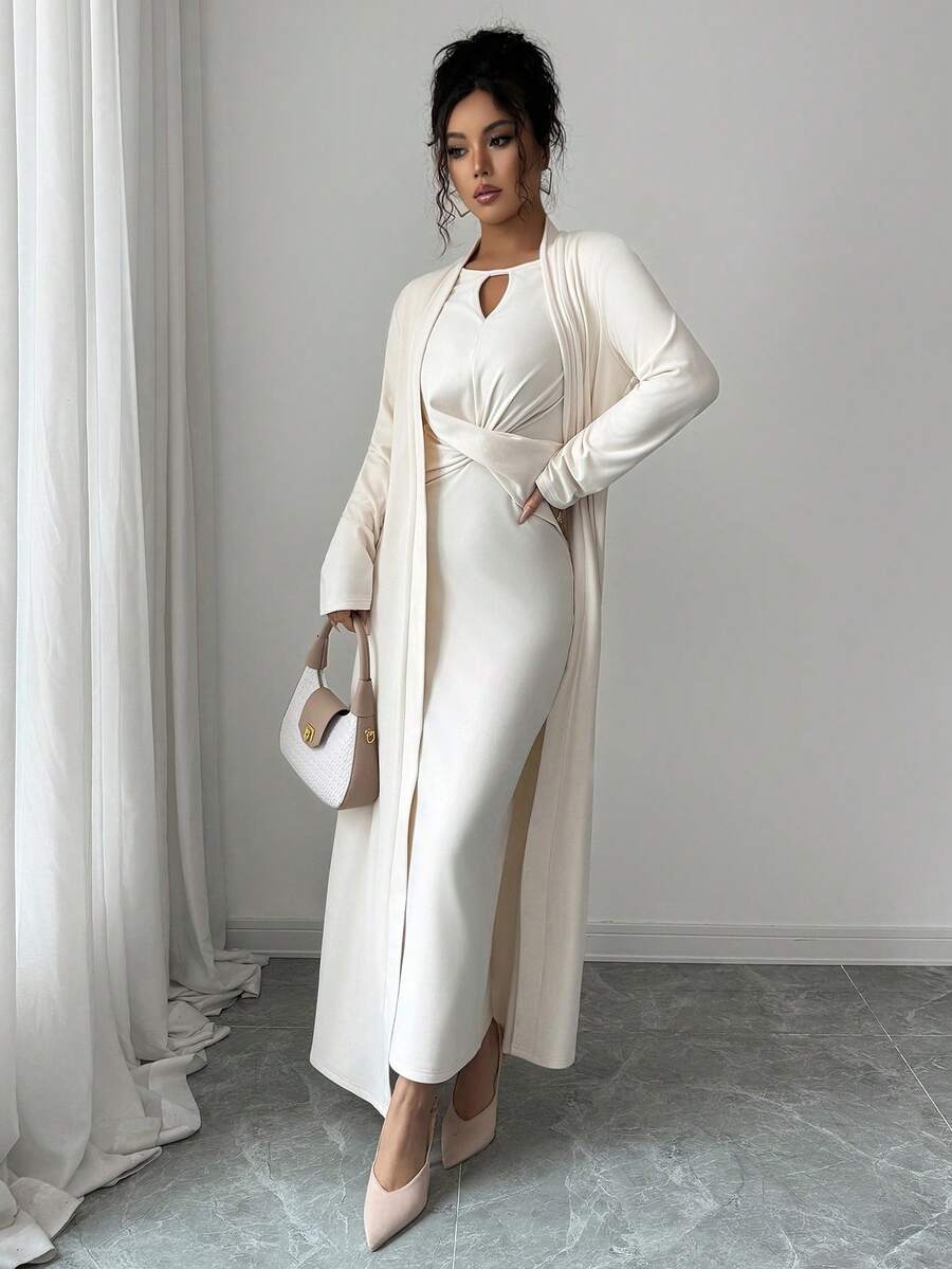 Elenzga Round Neck Hollow Out Brushed Knit Ribbed Autumn/Winter Warm Bodycon Waist Design Dress Long Sleeve, Can Be Worn Inside Or Outside, Shawl Collar Open Front Loose Long Cardigan, Elegant French Style Commuting & Date 2-Piece Set For Women