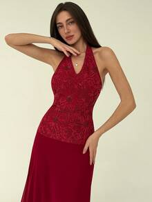 Aloruh Apricot Romantic Date Party Halter Deep V Backless Extra Long Mesh Patchwork Women Dress Red - Apricot - View 2