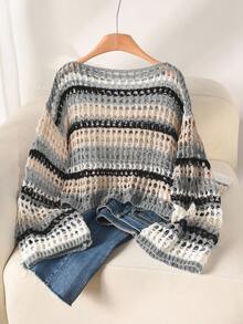 CosyJoli Plus Size Casual Blue & White Striped Hollow Out Boat Neck Loose Cropped Long Sleeve Sweater In Fall/Winter