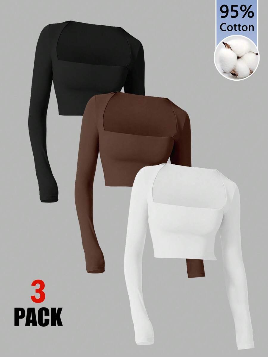 Tseoso 3 件 95% 纯棉纯色休闲百搭方领长袖女士 T 恤，黑色、白色、棕色；健身、舒适别致、修身，适合日常穿着、室内外、春秋或秋冬。 - 彩色 - 查看 1