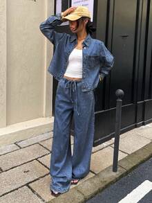 Muchica 浅蓝色女式长袖单排扣衬衫和裤子休闲牛仔套装 - 中等水洗藍 - 查看 6