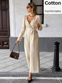 SHEIN Frenchy Bộ đồ liền thân màu trơn thanh lịch dành cho nữ khi đi làm - Màu be - Xem 1