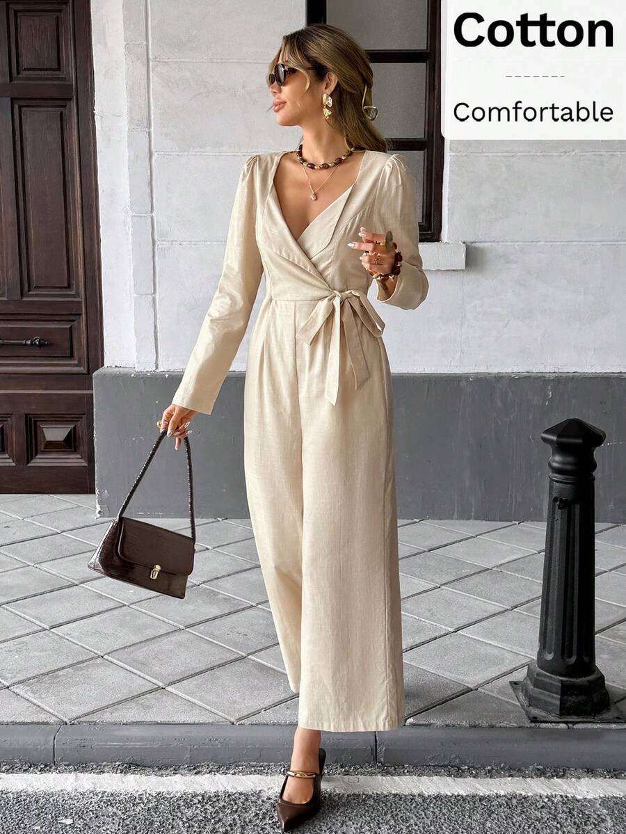 SHEIN Frenchy Bộ đồ liền thân màu trơn thanh lịch dành cho nữ khi đi làm - Màu be - Xem 1