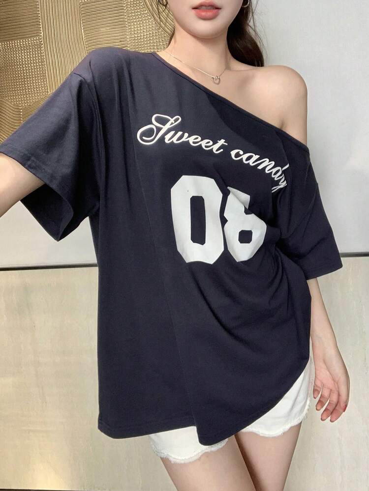 Women's Loose Letter Print Asymmetrical Shoulder Casual T-Shirt, Summer