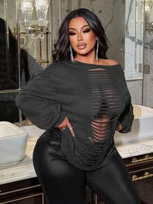 NU&NOW 大码女式纯色长袖性感破洞T恤 - 灰色 - 查看 2