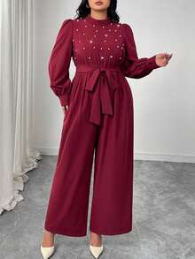 SHEIN Elenzya Plus Size Pearl Decor Long Sleeve Tie Waist Bow Collar Blouse & Wide Leg Jumpsuit, Comfortable Jumpsuit, Asymmetric Sleeveless Jumpsuit, Suitable For Spring, Summer, Autumn, Winter, Women Concert Outfit, Elegant, Evening Gown, Suitable For Daily, Commute, Wedding Season