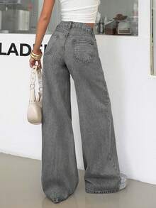 EURMUSE Calça jeans feminina cintura baixa perna larga cinza lavagem diária casual - Cinza claro - Ver 2