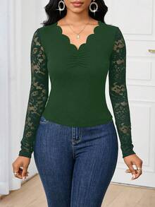 SHEIN Lady Elegante camiseta de manga larga de color verde oscuro sólido con aplicación de encaje, ideal para ir a trabajar o salir, camiseta de manga larga, top de color verde oscuro, top de manga larga con encaje, ideal para el Día de Acción de Gracias y Navidad