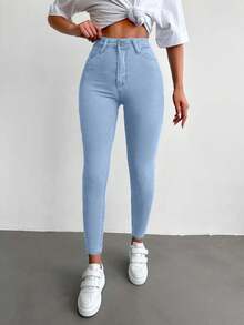 EURMUSE 96% Cotton High Waist Skinny Cropped Jeans - Baby Blue - View 5