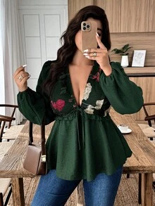 Weeklong Áo kiểu chữ A họa tiết trơn màu thêu cổ chữ V dáng rộng cho nữ cỡ lớn - Màu xanh lá cây đậm - Xem 4