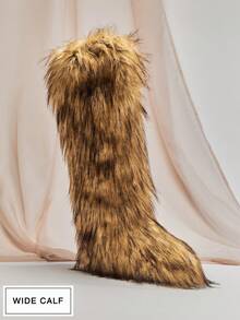 SHUZIA Women's Wide Calf Faux Fur Furry Fluffy Round Toe Winter Comfy Knee-High Boots - Camel - View 5