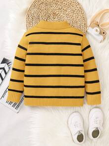 SHEIN 1pc Young Boys Casual Cute & Stylish Korean Striped Long Sleeve Cardigan Sweater, Suitable For Outings, School, Vacation, Autumn/Winter