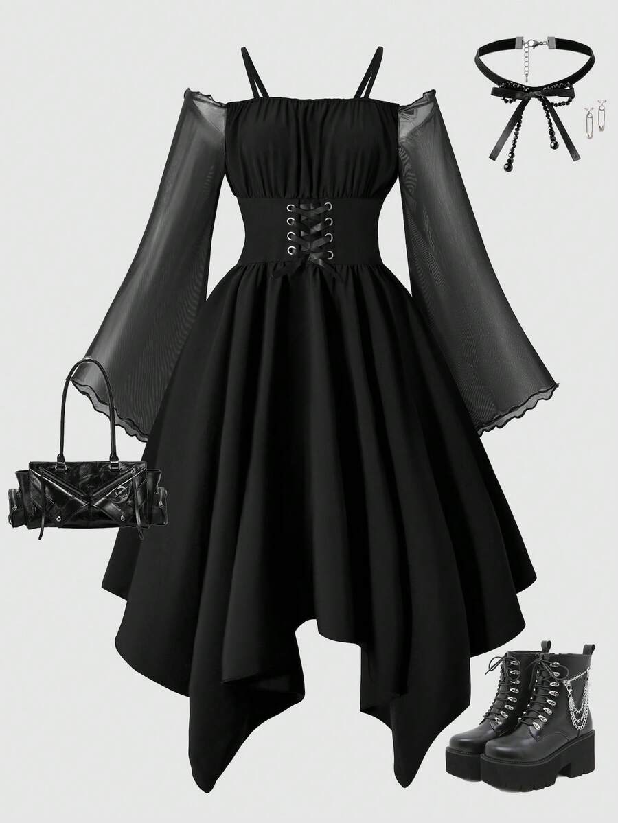 1 pezzo Abito da ragazza adolescente con spalle scoperte, spalline a spaghetti, maniche a campana in rete e orlo asimmetrico, autunnale