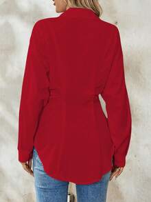 Uhlyne 女士优雅度假纯色收腰长袖衬衫新年衣服 - 紅色 - 查看 2