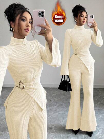 Elenzga New Women High Neck Knitted Ribbed Fleece Asymmetrical Metal Decor Flare Sleeve Top And Flare Pants Set, Versatile Daily Wear, Elegant Young Lady, Autumn/Winter