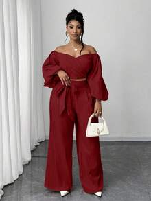 Maweii 2pcs Plus Size Casual Tie Bow Puff Sleeve Set - Red - View 2