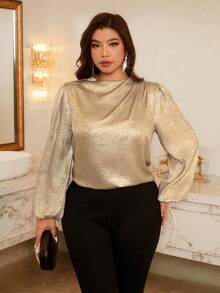 Firerie Plus Size Women's Elegant Gold Blouse,Autumn Office Commuter Work Attire,Ruffle Shoulder Puff Sleeves Top,Suitable For Party New Year Spring Winter - Gold - View 5