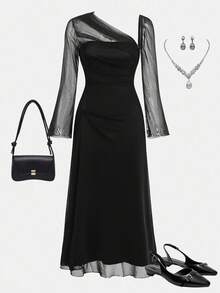 SHEIN Girlism Teen Girl Partywear Autumn Black Mesh Slim Long-Sleeved Waist Pleated Slim Holiday Dress Midi Dress Mesh Sleeve Dress Black Dress Cocktail Dress One Shoulder Dress - Black - View 1