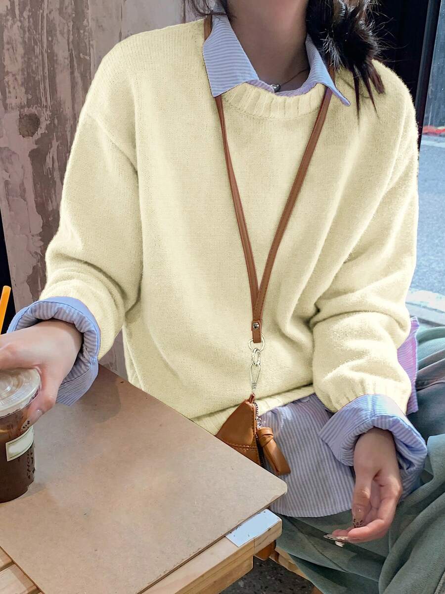 DAZY 1pc Women's Loose Fit Solid Color Crew Neck Long Sleeve Sweater