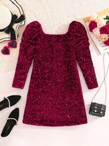 Elladie kids Tween Girls Burgundy Sequin Waist Cinching Long Sleeve Bowknot Elegant Party Dress - Burgundy - View 2
