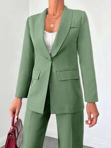 SHEIN Cottnline Women's Casual Commuting Solid Color Jacket And Pants Suit - Mint Green - View 4