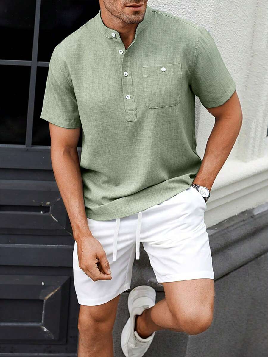 Manfinity CasualCool 2pcs Set Men Green Short Sleeve Shirt & White Shorts With Pocket - Green - View 1