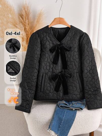 CosyJoli 大码休闲花卉拼布领结羊毛夹克女士秋冬装