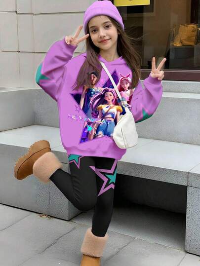 SHEIN Explorewe 2pcs/Set KPOP Graphic Hoodie Sweatshirt & Leggings Set For Tween Girls , Fashionable Casual Outfit For Autumn/Winter