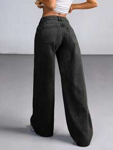 CasuGlow Jeans de pierna ancha con lavado pesado y talle bajo para mujer - Gris Oscuro - Ver 2