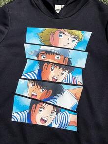 Captain Tsubasa X SHEIN 青少年男孩运动休闲足球运动员图案连帽卫衣，黑色男孩卫衣动漫卫衣Y2K图案卫衣男孩图案卫衣 - 黑色 - 查看 4