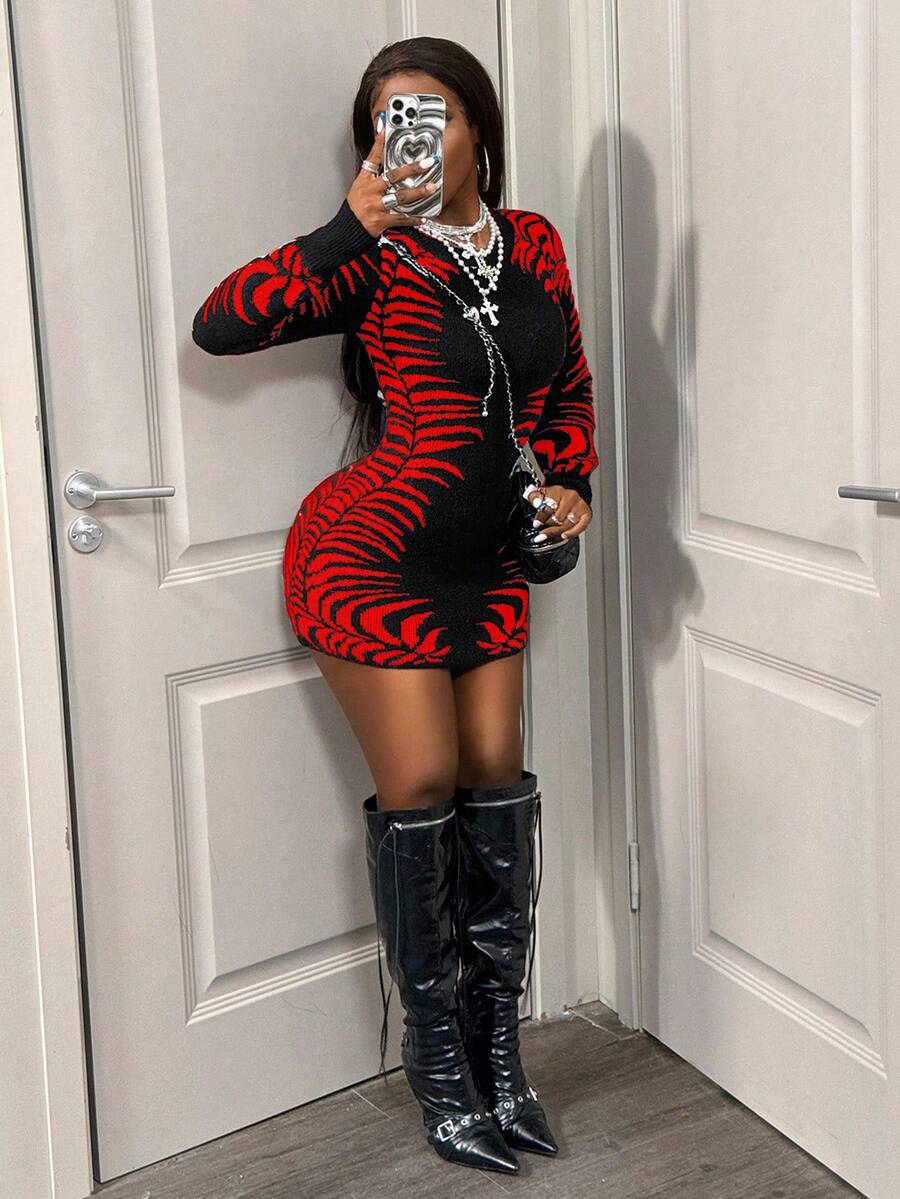 BamGleam Váy ngắn cổ tròn dài tay họa tiết jacquard đen trắng nghệ thuật mới dành cho nữ - màu đen - Xem 1