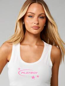 Missguided x Playboy 复古 Y2K 短款背心，带粉色星星，休闲罗纹无袖，夏季节日家居服，街头风格，都市时尚 - 白色 - 查看 4