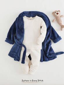Cozy Pixies Baby Boy Letter Embroidered Thermal Lined Long Sleeve Robe With Tie Waist, Baby Boys Plush Long Robe, Bathrobe, Moisture-Wicking Warm Sleepwear, Comfortable Versatile Casual Basic Baby Boys Clothes For Autumn/Winter, Suitable For Indoor, Outdoor Leisure, Skiing, Back To School, Daily Wear, Sports, Play, Party, Festival, Halloween, Christmas, New Year, Valentine's Day, Indoor And Outdoor Matching Baby Boys Robe Baby Boys Bathrobe Toddler Bathrobe - Royal Blue - View 3