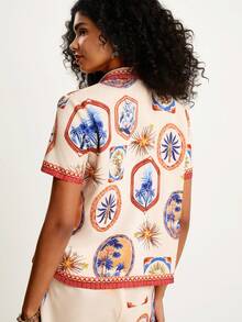 CAJUNI 女士休闲度假米色短袖印花衬衫 - 约会装 - 海滩 - 彩色 - 查看 2