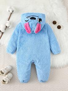 SHEIN Baby/Baby Boy/Girl Fleece Thickened Hooded Jumpsuit, Jumpsuit Outfits, Comfortable Versatile Fashion Daily Cute Ear Design Costumes, Suitable For Indoor, Outdoor Skiing, Daily Wear, Sports, Play, Party, Photo Shoot, Holiday, Halloween Warm Jumpsuit For Baby Boy New Born Baby Boy Clothes Winter Baby Fleece Jumpsuit Baby Cartoon Clothes