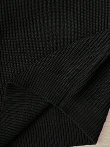 SHEIN Serisse Kids 青少年女孩純黑色長袖針織衫，露肩領口，秋冬休閒假期返校上衣 - 黑色 - 查看 11
