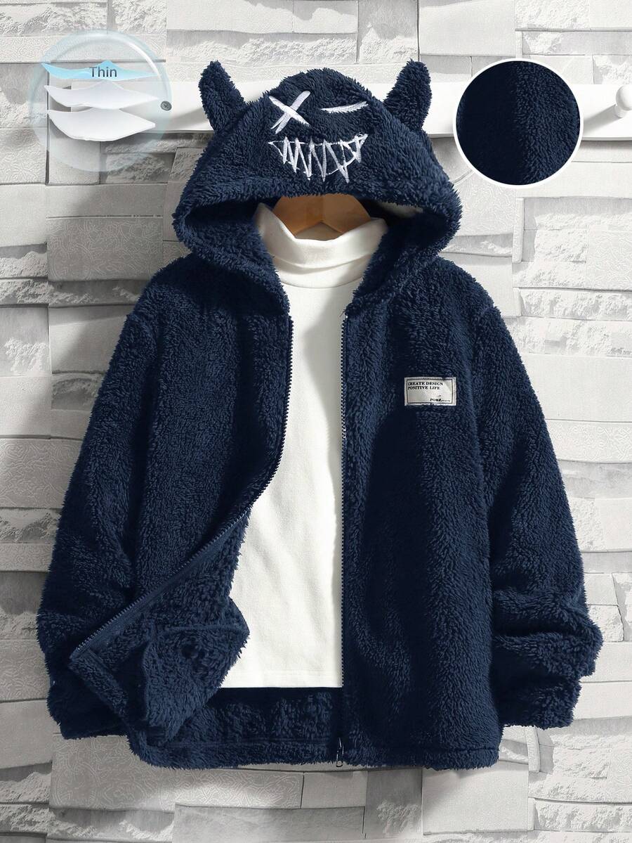 SHEIN Tween Boy Hooded Thermal Lined Zip-Up Jacket, Comfortable Thicker Outerwear - Navy Blue - View 1