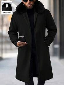 Manfinity Homme 男士黑色中长款毛领大衣，通勤装 - 黑色 - 查看 5