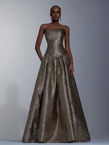 Elitara Elegant Metallic Jacquard Strapless A-Line Evening Gown,Glamorous Back Drawstring Flared Long Dress For Parties,Weddings,Formal Occasions&Vacations - Gold - View 1