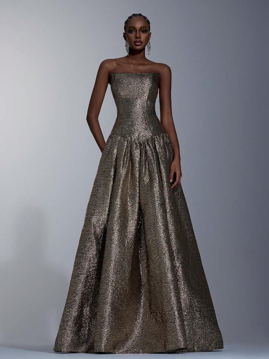 Elitara Elegant Metallic Jacquard Strapless A-Line Evening Gown,Glamorous Back Drawstring Flared Long Dress For Parties,Weddings,Formal Occasions&Vacations - Gold - View 1