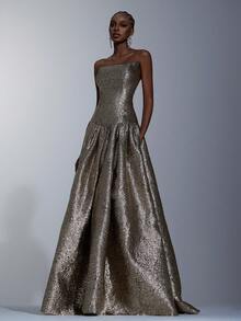 Elitara Elegant Metallic Jacquard Strapless A-Line Evening Gown,Glamorous Back Drawstring Flared Long Dress For Parties,Weddings,Formal Occasions&Vacations - Gold - View 7