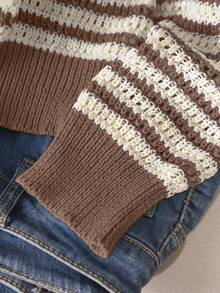 CosyJoli Plus Size Casual Polo Collar Striped Long Sleeve Pullover Sweater Pullover For Women Jumper For Women Women Sweater Striped Sweater V Neck Sweater In Fall/Winter - Coffee Brown - View 4