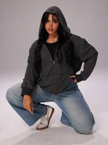 Rustia Whyspr Plus Size Women Slouchy Casual Striped Zip-Up Sweatshirt Ribbed Trim,Black,Autumn,Graduation,Back-To-School,Winter Everyday Wear Hooded Jacket - Multicolor - View 1
